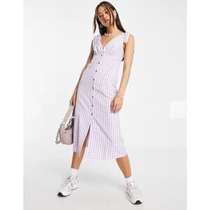 Topshop | Lilac Check-Plaid Button-Front Tie-Shoulder Midi Dress